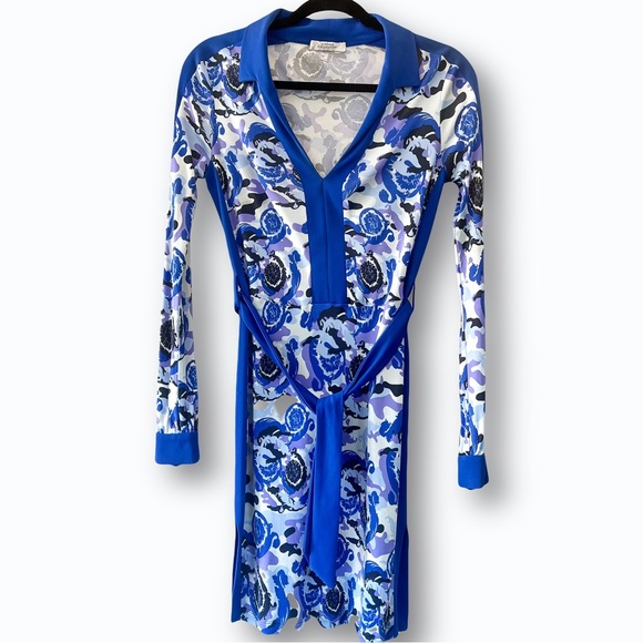 Versace Dress Y2K Collared Blue Baroque Camouflage Midi Size 4 Small 40 EU - Picture 4 of 9